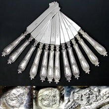 Load image into Gallery viewer, 14pc Ornate Antique French Sterling Silver Knives, With Cheese & Butter Knife Serving Set
