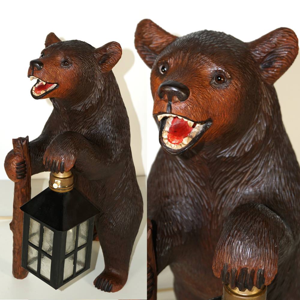 Signed Ruef Brothers Swiss Black Forest Hand Carved Bear Solid Wood Lantern Lamp