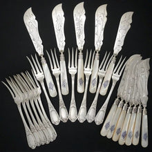 Load image into Gallery viewer, 24pc French Sterling Silver Mother of Pearl Fish Fork & Knife Set, Rare Engraved Sea Life, Flatware Cutlery