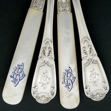 Load image into Gallery viewer, 24pc French Sterling Silver Mother of Pearl Fish Fork & Knife Set, Rare Engraved Sea Life, Flatware Cutlery