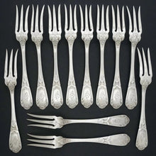 Load image into Gallery viewer, 24pc French Sterling Silver Mother of Pearl Fish Fork & Knife Set, Rare Engraved Sea Life, Flatware Cutlery