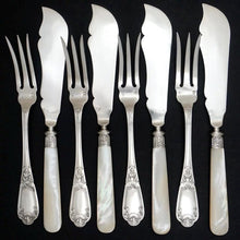 Load image into Gallery viewer, 24pc French Sterling Silver Mother of Pearl Fish Fork & Knife Set, Rare Engraved Sea Life, Flatware Cutlery