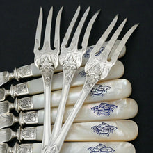 Load image into Gallery viewer, 24pc French Sterling Silver Mother of Pearl Fish Fork & Knife Set, Rare Engraved Sea Life, Flatware Cutlery