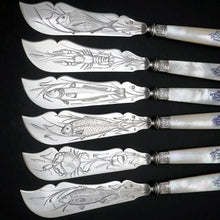 Load image into Gallery viewer, 24pc French Sterling Silver Mother of Pearl Fish Fork & Knife Set, Rare Engraved Sea Life, Flatware Cutlery