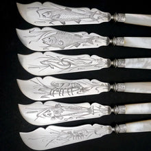 Load image into Gallery viewer, 24pc French Sterling Silver Mother of Pearl Fish Fork & Knife Set, Rare Engraved Sea Life, Flatware Cutlery