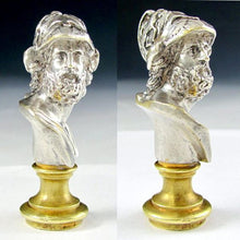 Load image into Gallery viewer, Antique French Silvered Bronze Figural Bust Wax Seal Desk Stamp, Greek Mythological, King of Sparta