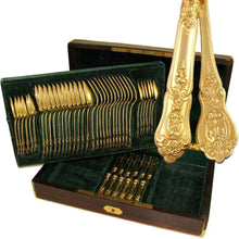 Load image into Gallery viewer, Antique  rosewood chest full of French sterling silver flatware service for 12, 48 pieces for luncheon and dessert, coffee spoons / teaspoons. Ornate pattern finished in gold gilt vermeil