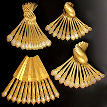 Load image into Gallery viewer, 48 piece antique early Napoleon III era French gilt gold vermeil solid sterling silver flatware service for 12. Luncheon dessert size spoons, forks and knives and tea or coffee spoons. Housed in a rosewood and brass inlaid chest Circa 1850s.