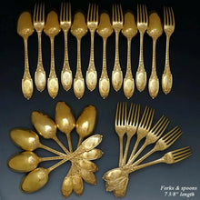 Load image into Gallery viewer, 48pc Antique French Sterling Silver Gilt Vermeil Flatware Service, Set for 12, Ornate Empire Motif