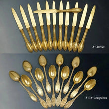 Load image into Gallery viewer, 48pc Antique French Sterling Silver Gilt Vermeil Flatware Service, Set for 12, Ornate Empire Motif