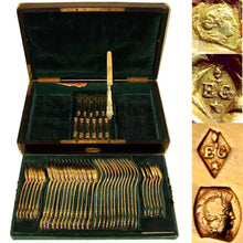 Load image into Gallery viewer, 48pc Antique French Sterling Silver Gilt Vermeil Napoleon III Empire Flatware Service, Set for 12, Inlaid Wooden Chest