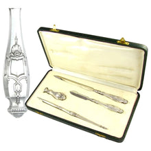 Load image into Gallery viewer, 4pc Antique French .800 Silver Desk Set, Writing Tools, Dip Pen, Letter Opener, Wax Seal