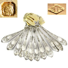 Load image into Gallery viewer, 12 Antique French Sterling Silver & Gilt Vermeil Oyster Forks