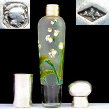 Load image into Gallery viewer, Art Nouveau French Sterling Silver Flask, Lily of Valley Enamel Cameo Glass