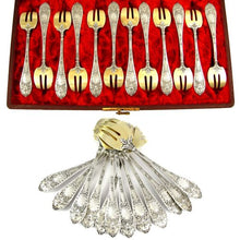 Load image into Gallery viewer, 12 Antique French Sterling Silver & Gilt Vermeil Oyster Forks
