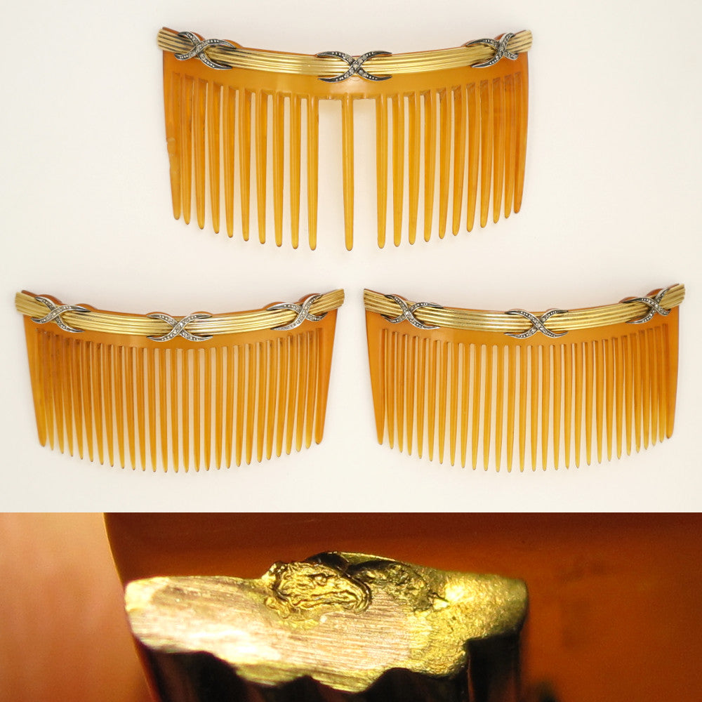 Antique French 18K Yellow Gold & Diamonds Hair Comb Trio Set  display picture 1