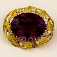 Load image into Gallery viewer, Antique 14k Gold Amethyst & Seed Pearl Brooch / Pin