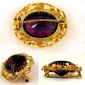Antique 14k Gold Amethyst & Seed Pearl Brooch / Pin