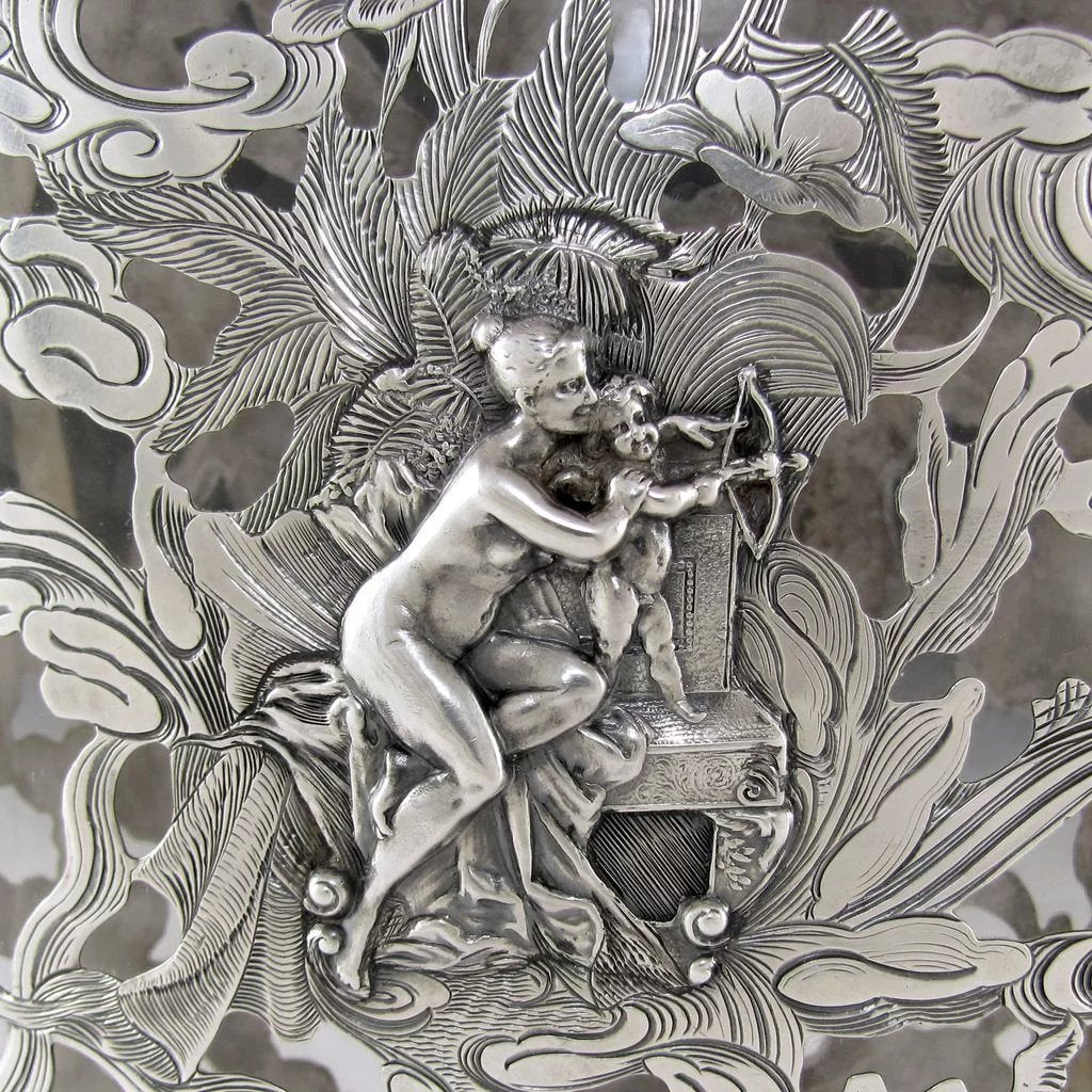 Antique Art Nouveau GORHAM Sterling Silver Overlay Flask, Figural