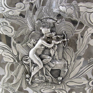 Antique Art Nouveau GORHAM Sterling Silver Overlay Flask, Figural Lady & Cherub