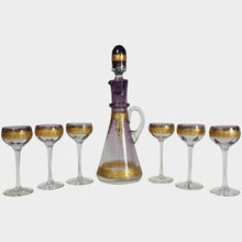 Load image into Gallery viewer, Antique Bohemian Purple Glass Raised Gold Enamel Liquor Service, Decanter & Cordial Glasses Set