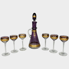 Load image into Gallery viewer, Antique Bohemian Raised Gold Enamel Liquor Service, Purple Glass Decanter & Cordial Glasses Set