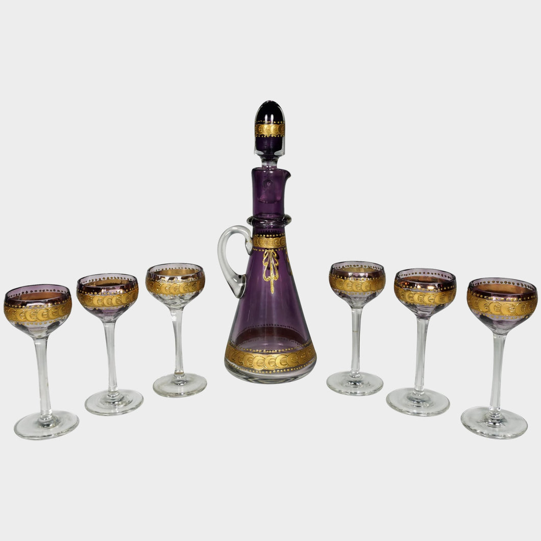 Antique Bohemian Raised Gold Enamel Liquor Service, Purple Glass Decanter & Cordial Glasses Set