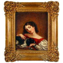 Load image into Gallery viewer, Antique English 19c Oil Painting, Lady & Dog, King Charles Spaniel
