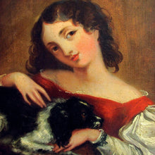 Load image into Gallery viewer, Antique English 19c Oil Painting, Lady & Dog, King Charles Spaniel