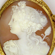 Load image into Gallery viewer, Hand carved shell cameo 14k brooch, Female profile, portrait, Bacchante
