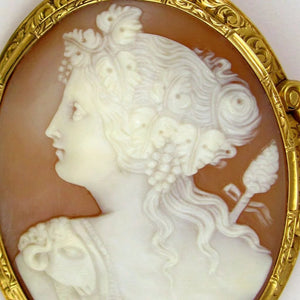 Hand carved shell cameo 14k brooch, Female profile, portrait, Bacchante