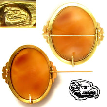 Load image into Gallery viewer, French 18k yellow gold eagle hallmark, back of the brooch, C-clasp, hinge, shell cameo