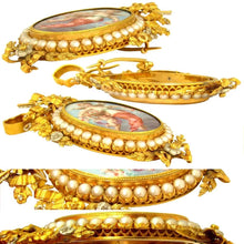 Load image into Gallery viewer, Antique French 18K Yellow Gold & Cultured Pearls Brooch with Enamel Miniature Portrait of Venus & Cupid, Love Token Amatory Jewelry