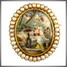 Load image into Gallery viewer, Antique French 18K Yellow Gold & Baroque Pearls Brooch, Enamel Miniature Portrait of Mother & Her Children