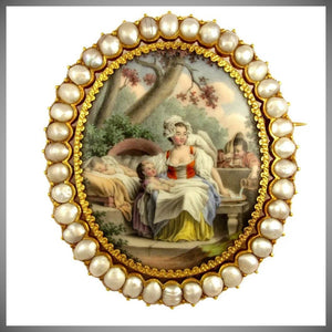 Antique French 18K Yellow Gold & Baroque Pearls Brooch, Enamel Miniature Portrait of Mother & Her Children
