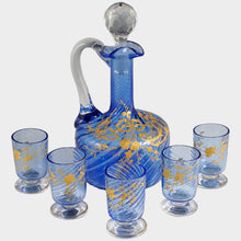 Load image into Gallery viewer, Antique French Blue Glass Liquor Set | Raised Gold Enamel &amp; Swirl Pattern | Decanter &amp; Cordial Aperitif Service
