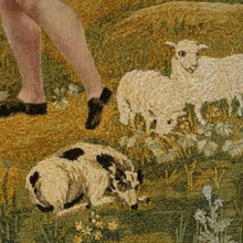 Load image into Gallery viewer, Antique French Chenille Embroidery Painted Silk Panel, Silkwork Embroidered Needlework Sampler, Pastoral Scene of Woman & Man in Kilt