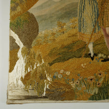 Load image into Gallery viewer, Antique French Chenille Embroidery Painted Silk Panel, Silkwork Embroidered Needlework Sampler, Pastoral Scene of Woman & Man in Kilt