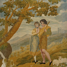 Load image into Gallery viewer, Antique French Chenille Embroidery Painted Silk Panel, Silkwork Embroidered Needlework Sampler, Pastoral Scene of Woman & Man in Kilt