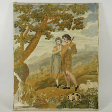 Load image into Gallery viewer, Antique French Chenille Embroidery Painted Silk Panel, Silkwork Embroidered Needlework Sampler, Pastoral Scene of Woman & Man in Kilt