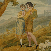 Load image into Gallery viewer, Antique French Chenille Embroidery Painted Silk Panel, Silkwork Embroidered Needlework Sampler, Pastoral Scene of Woman & Man in Kilt