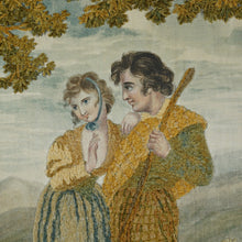 Load image into Gallery viewer, Antique French Chenille Embroidery Painted Silk Panel, Silkwork Embroidered Needlework Sampler, Pastoral Scene of Woman & Man in Kilt