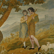 Load image into Gallery viewer, Antique French Chenille Embroidery Painted Silk Panel, Silkwork Embroidered Needlework Sampler, Pastoral Scene of Woman & Man in Kilt