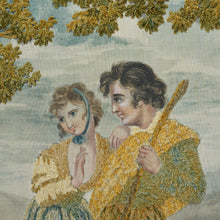 Load image into Gallery viewer, Antique French Chenille Embroidery Painted Silk Panel, Silkwork Embroidered Needlework Sampler, Pastoral Scene of Woman & Man in Kilt