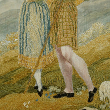 Load image into Gallery viewer, Antique French Chenille Embroidery Painted Silk Panel, Silkwork Embroidered Needlework Sampler, Pastoral Scene of Woman & Man in Kilt