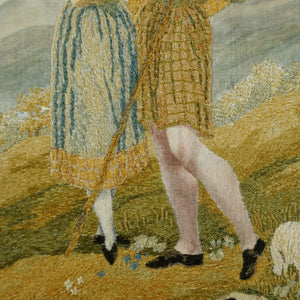 Antique French Chenille Embroidery Painted Silk Panel, Silkwork Embroidered Needlework Sampler, Pastoral Scene of Woman & Man in Kilt