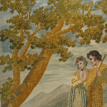 Load image into Gallery viewer, Antique French Chenille Embroidery Painted Silk Panel, Silkwork Embroidered Needlework Sampler, Pastoral Scene of Woman & Man in Kilt
