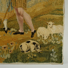 Load image into Gallery viewer, Antique French Chenille Embroidery Painted Silk Panel, Silkwork Embroidered Needlework Sampler, Pastoral Scene of Woman & Man in Kilt