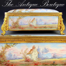 Load image into Gallery viewer, Beautiful antique French enamel jewelry box, gilt bronze