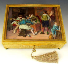 Load image into Gallery viewer, Antique French Gilt Bronze Jewelry Casket Box, Enamel Portrait Plaque, Tavern Scene with Cavaliers